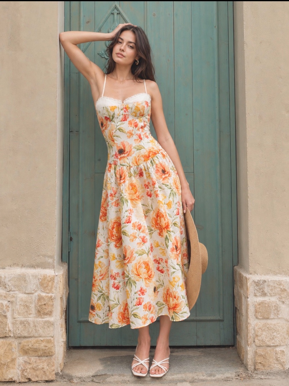 COMMENSE Ruffle Bust Floral Print Cami Midi Dress M